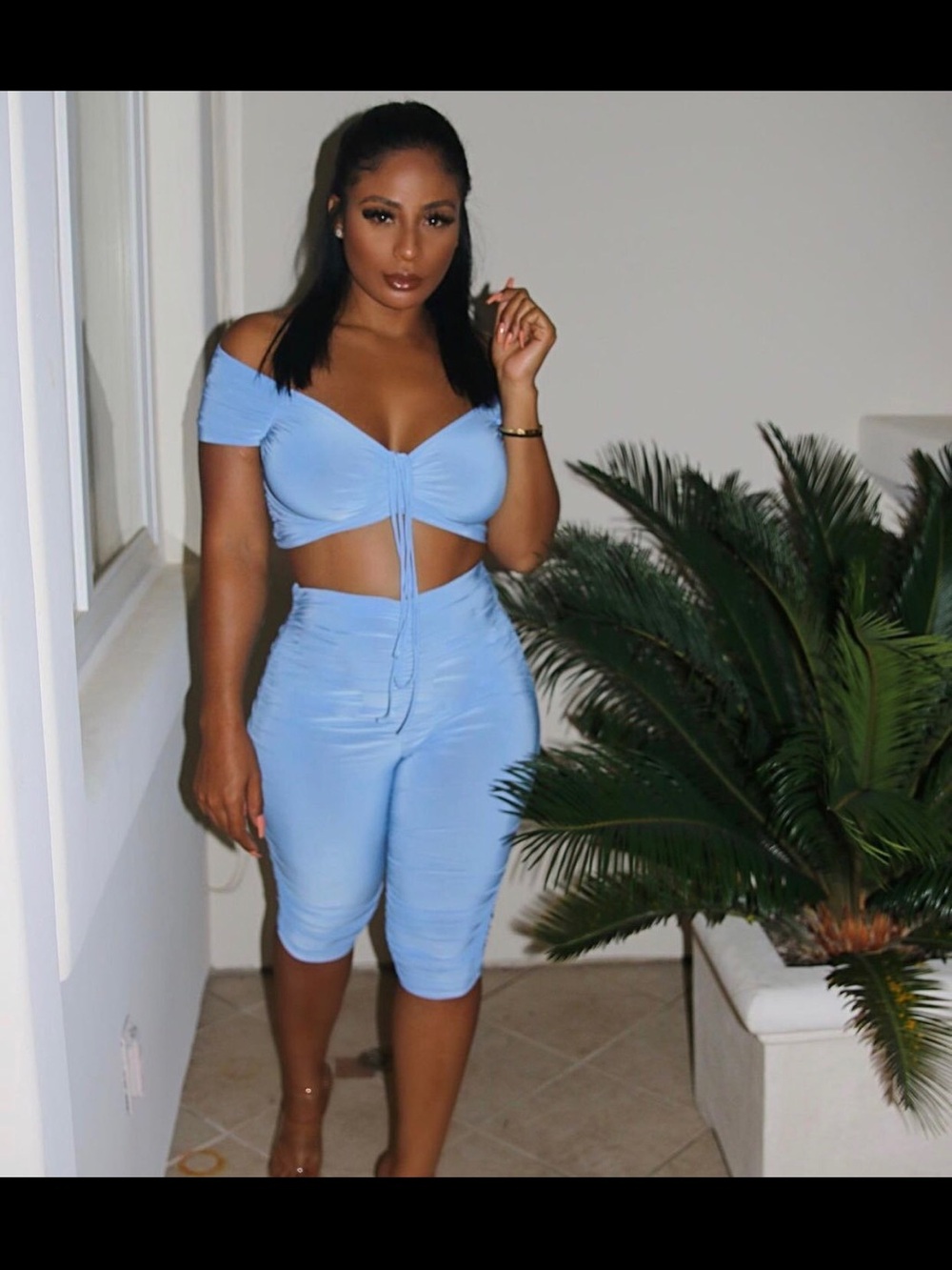 Fashion Nova Light Blue Off-Shoulder Crop Top & Bike Shorts Set